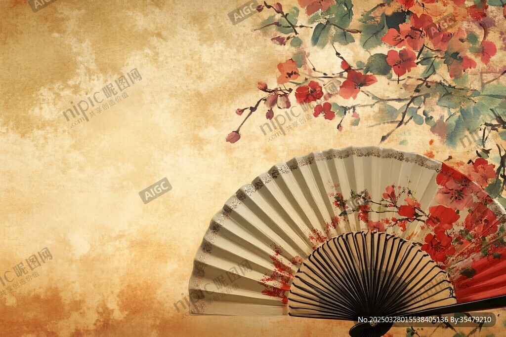 古風折扇與繁花背景圖