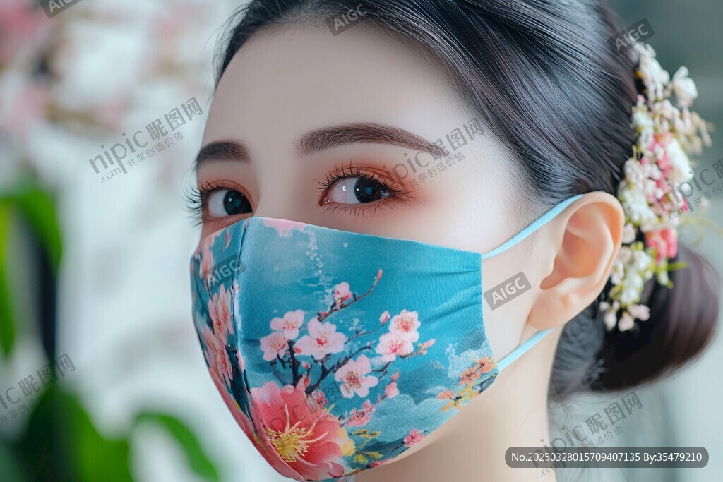 古風花卉口罩的東方佳人