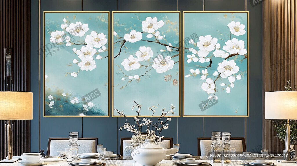 三聯花卉掛畫裝飾雅致餐廳