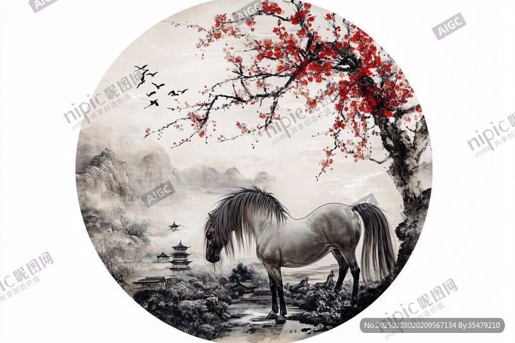水墨駿馬圖 紅梅添詩(shī)意
