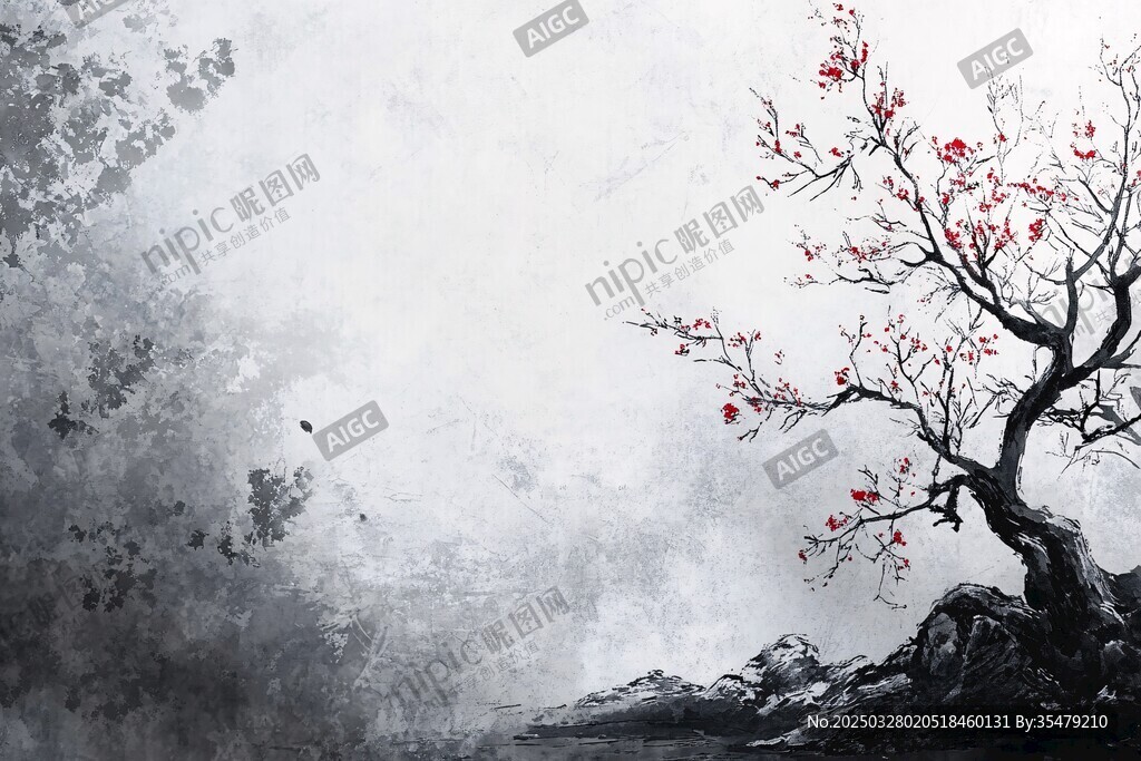 水墨紅梅圖