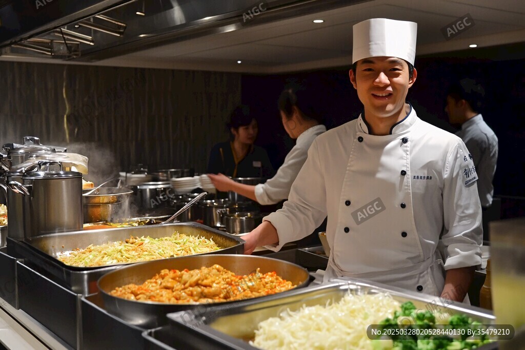 廚師于餐廳自助餐區(qū)備餐