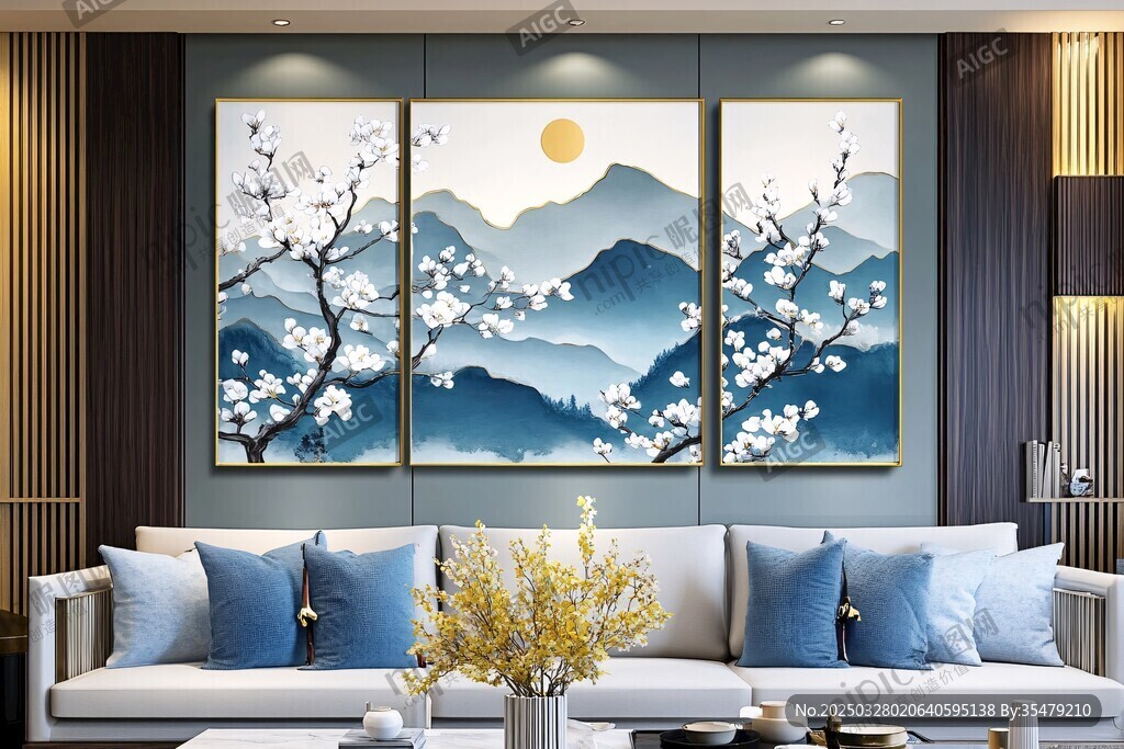 新中式客廳的雅致山水掛畫