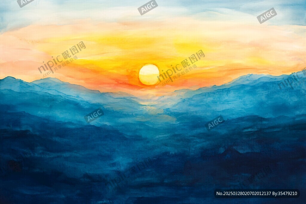 日出群山間 水彩繪美景