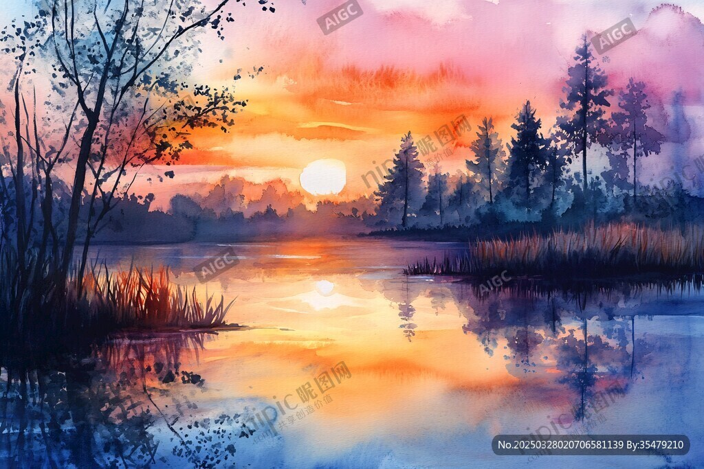 湖畔夕陽(yáng)水彩風(fēng)景畫