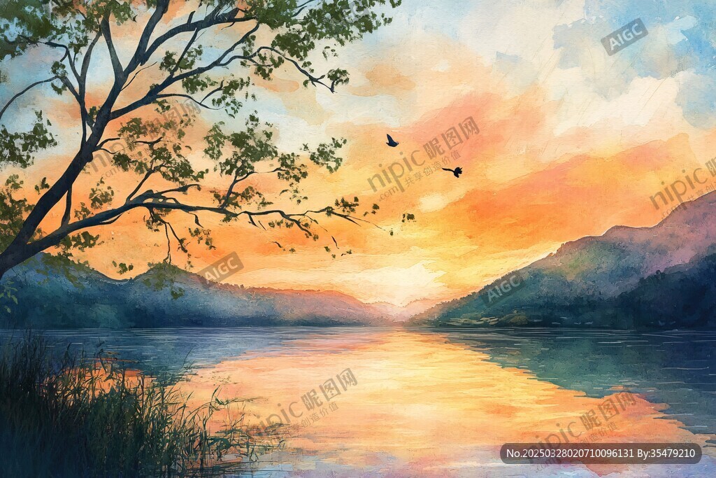 湖畔夕陽(yáng)樹影飛鳥美景