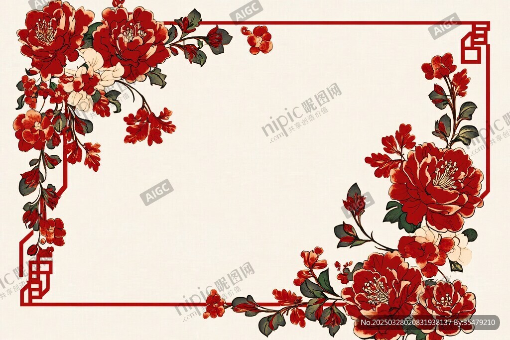 中式牡丹花卉邊框圖案