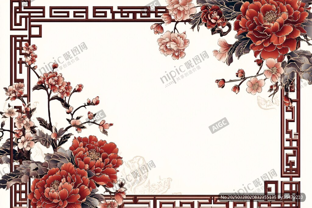中式牡丹邊框古典裝飾圖