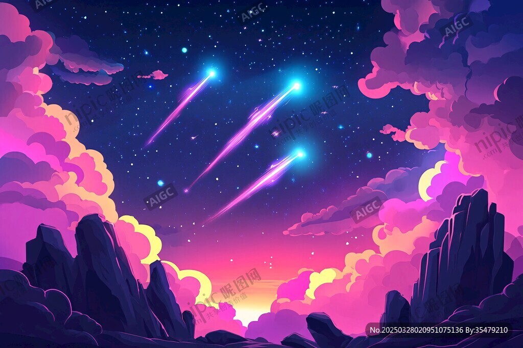 夢(mèng)幻星空下的流星與山巒