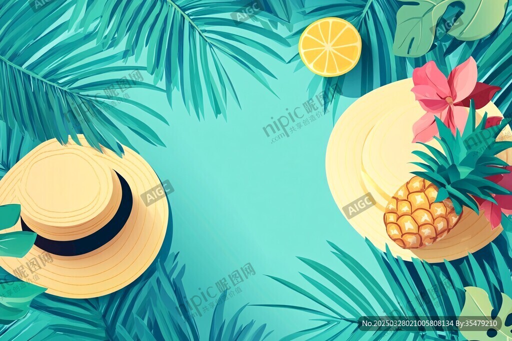 夏日度假風(fēng) 草帽菠蘿與綠植
