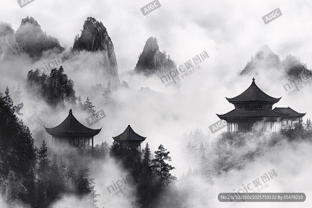 水墨山水間的古韻樓閣