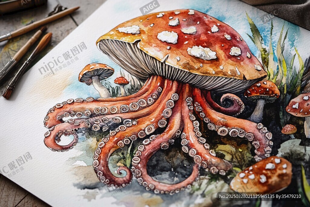 奇幻章魚蘑菇水彩繪畫