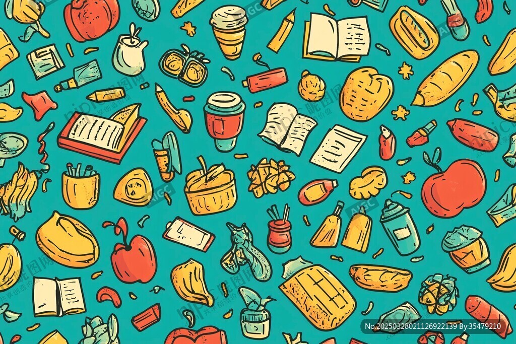 手繪多彩日常物品圖案