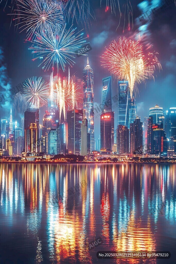 璀璨煙花下的都市夜景