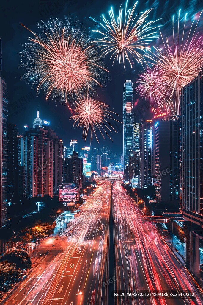 城市夜空煙火與車流美景