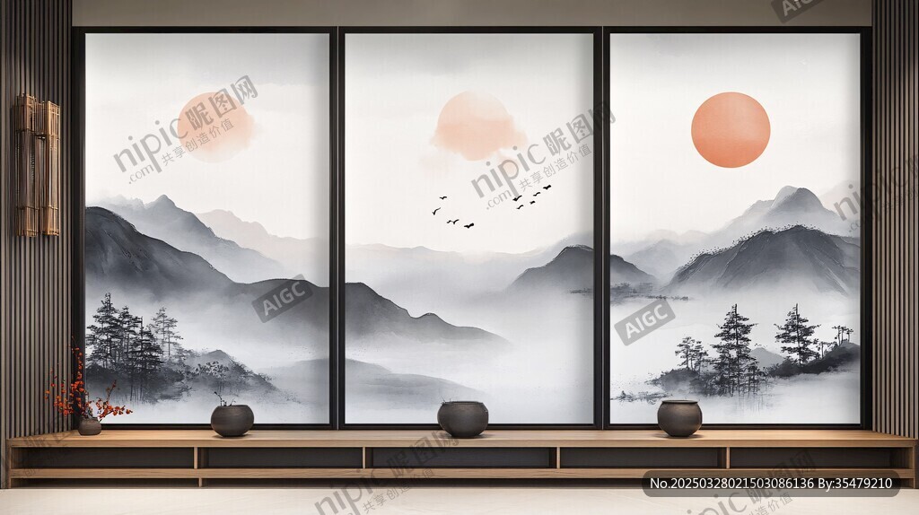 中式山水三折屏風畫