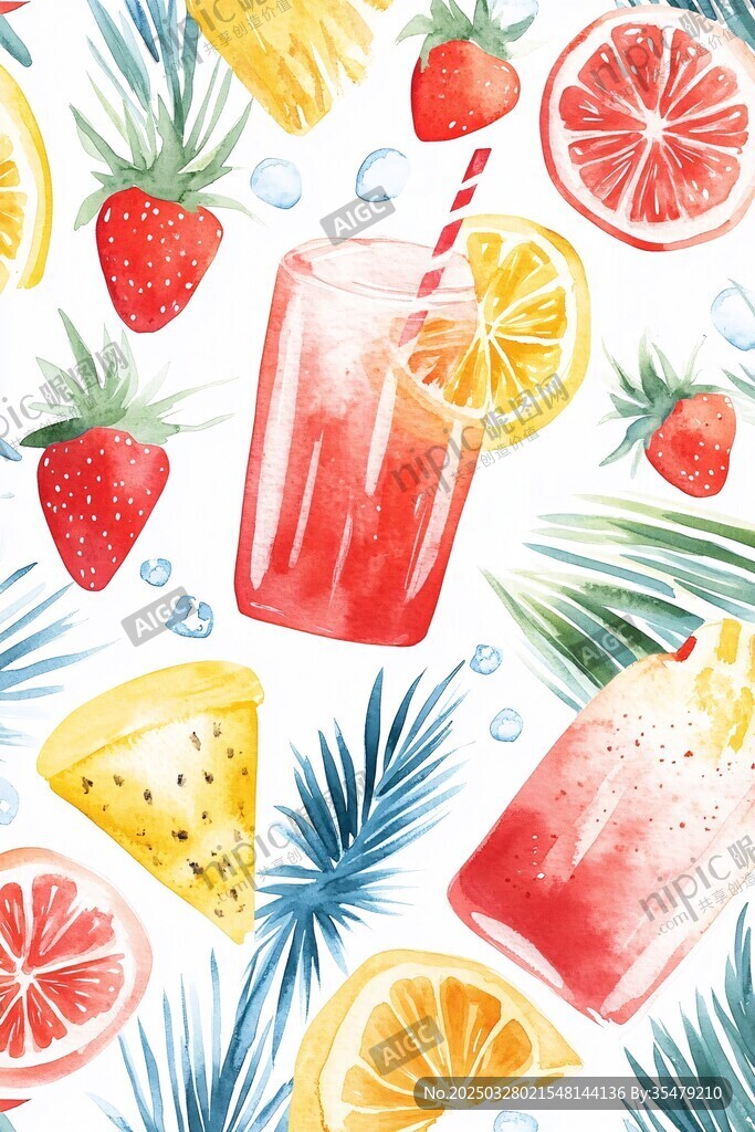 夏日水果冰飲水彩插畫