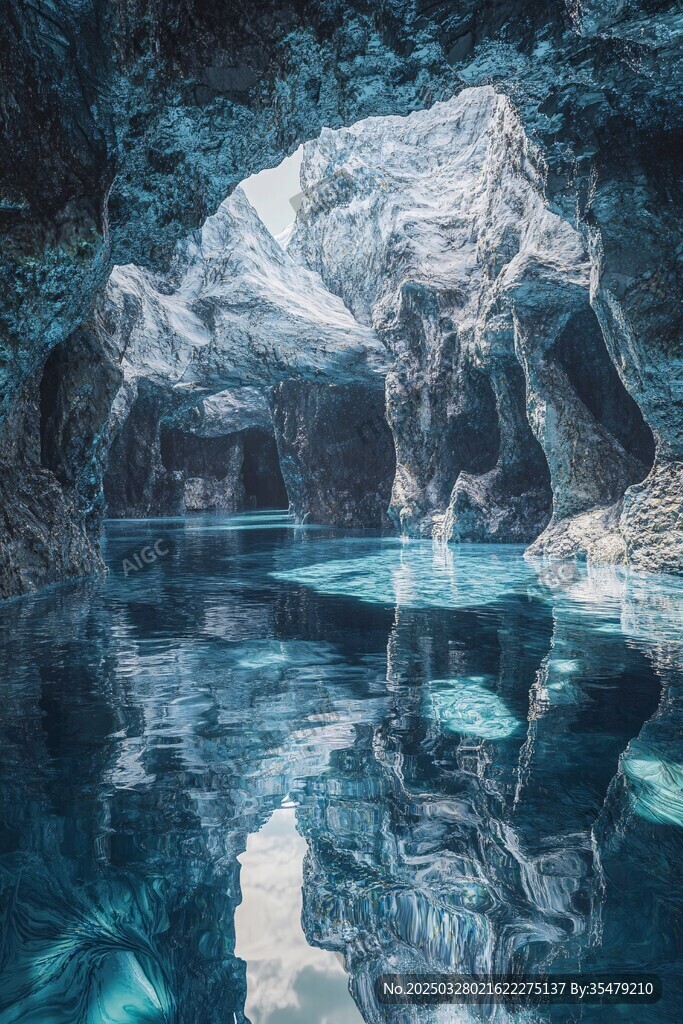 神秘冰洞中的幽藍水域