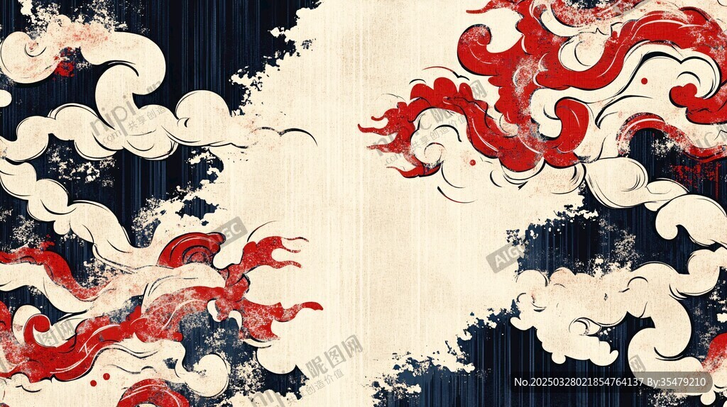 中式水墨風紅白祥云圖案