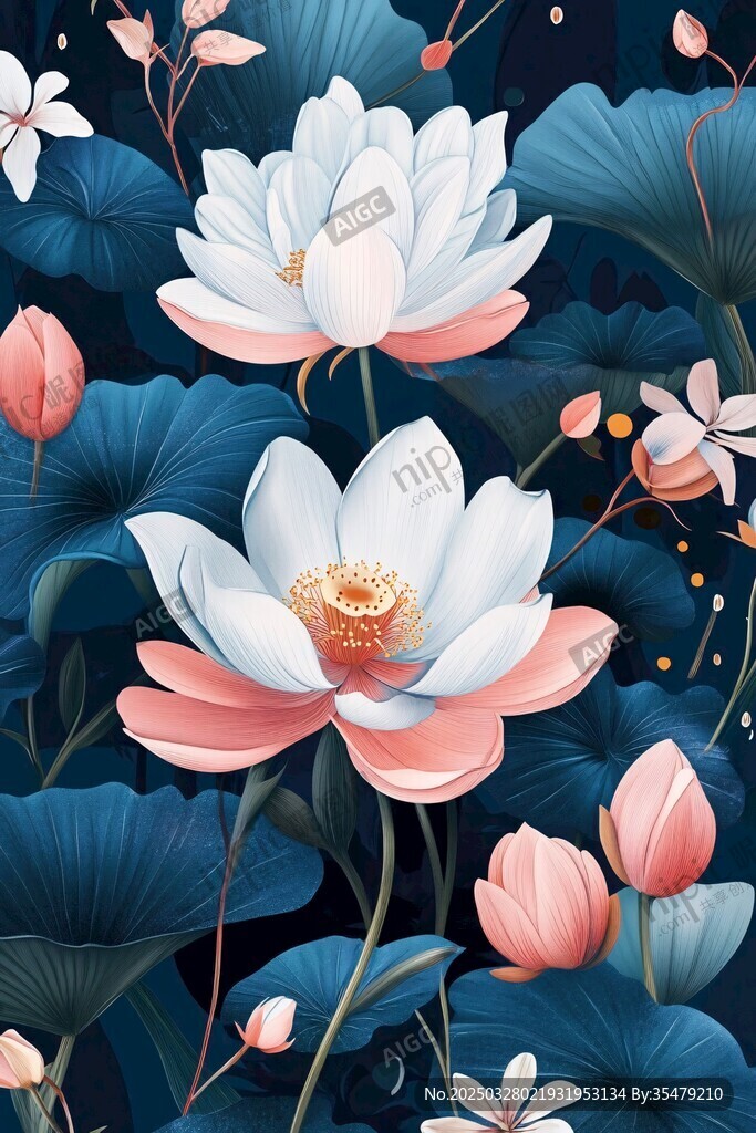 夢幻荷花蓮葉花卉插畫
