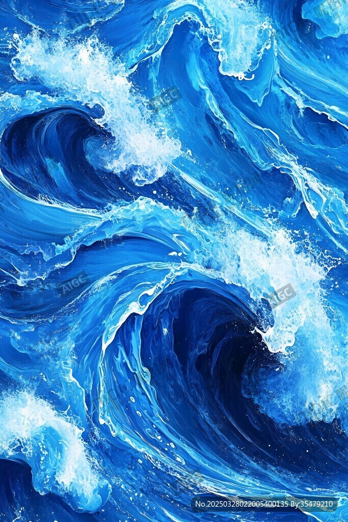 藍色洶涌海浪藝術(shù)畫作