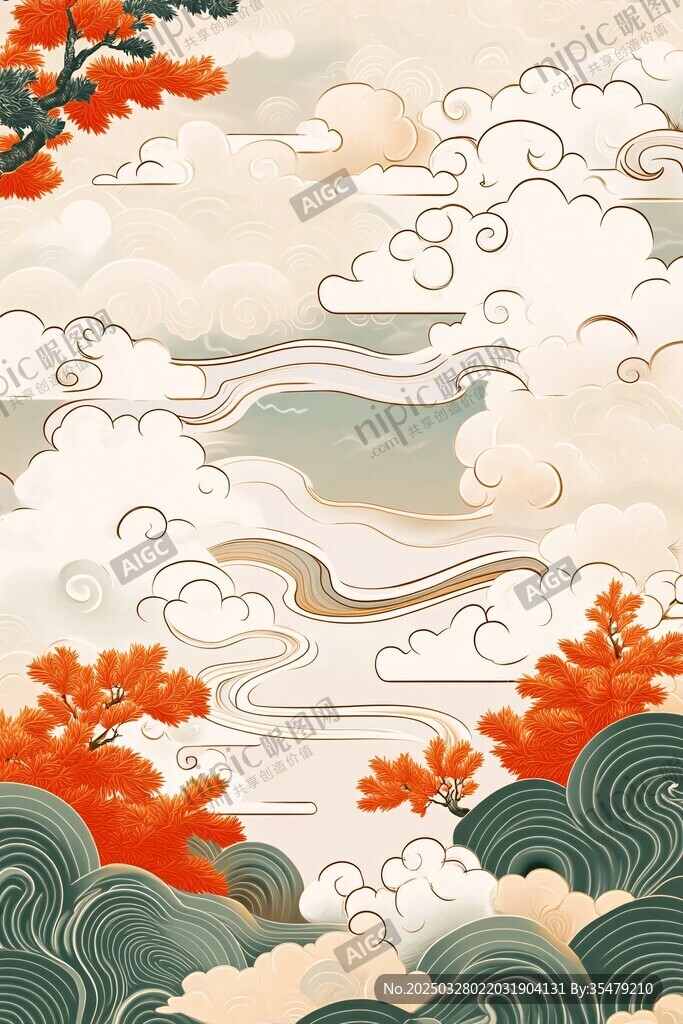 中式云海秋景古風插畫