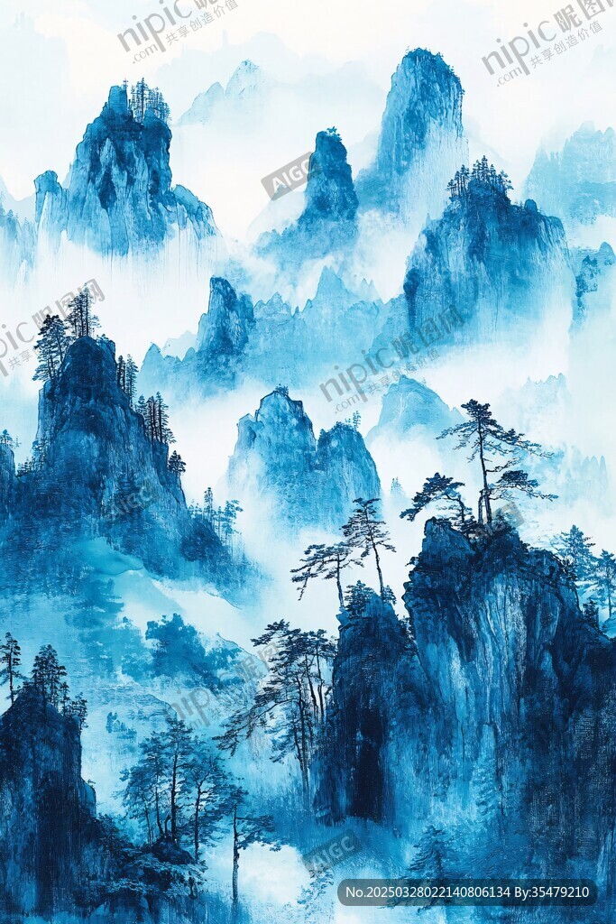水墨藍(lán)調(diào)山巒圖