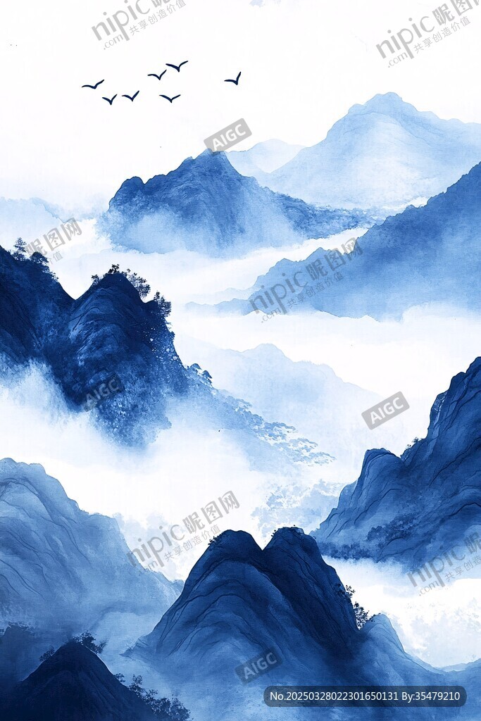 水墨群山飛鳥詩意畫卷