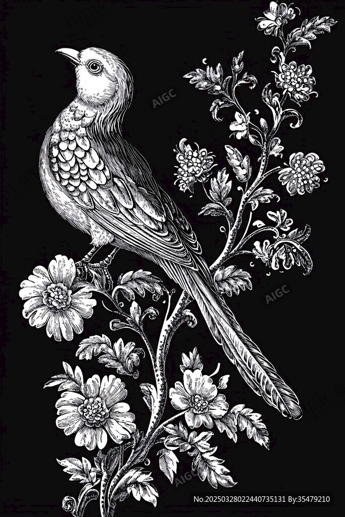 花鳥黑白插畫 優雅靈動