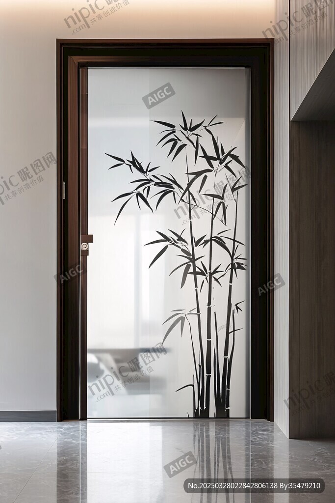 中式磨砂玻璃門 竹影雅致