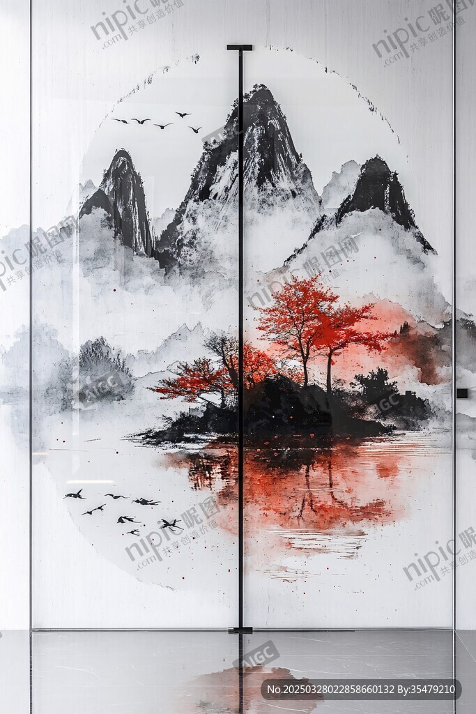 中式水墨山水屏風畫