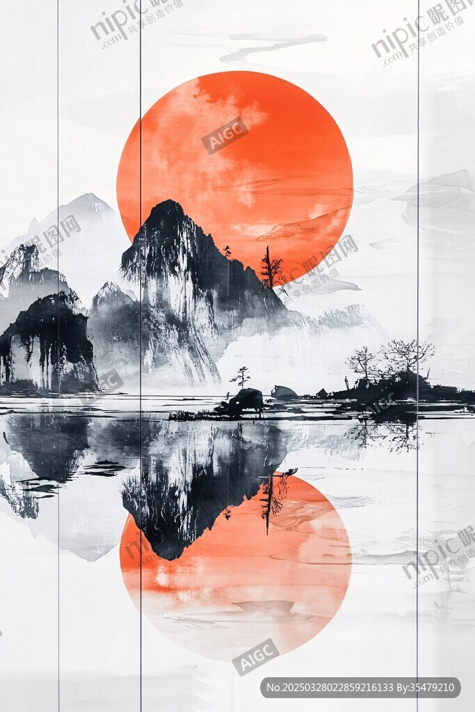 水墨山水紅日倒影圖