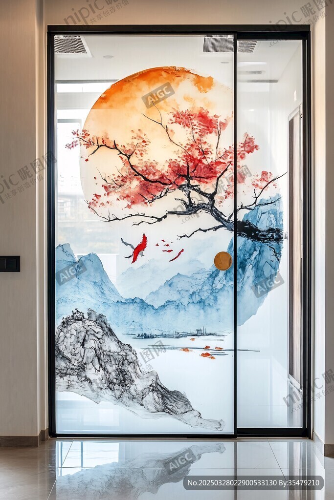 中式山水花鳥玻璃門裝飾