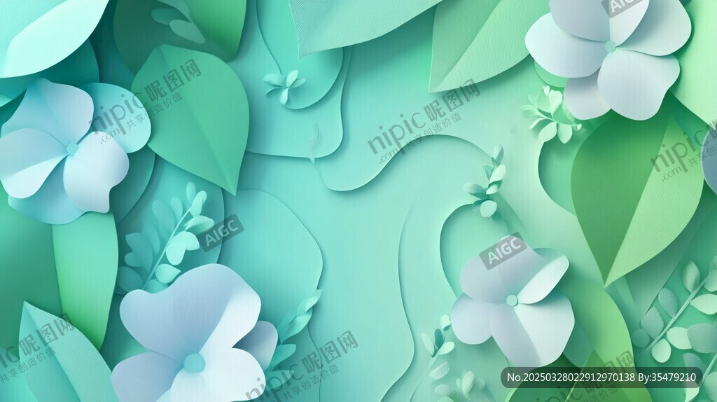 清新紙藝花卉綠葉背景圖