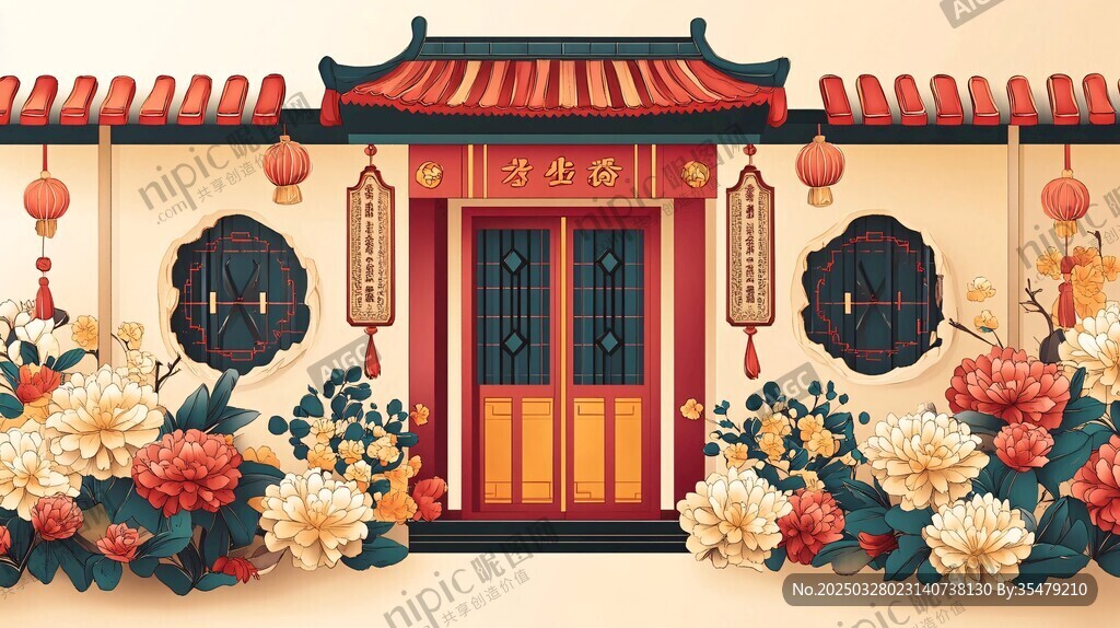 中式宅院門前繁花盛景