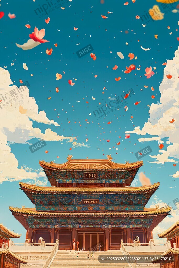古風(fēng)宮殿飄花飛鳥(niǎo)夢(mèng)幻景