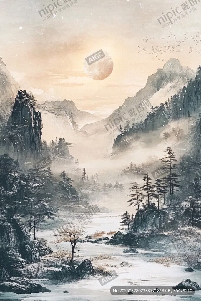 水墨山水間的月夜幽景