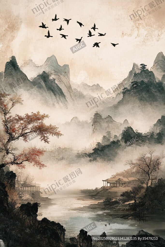 秋山飛鳥水墨山水圖