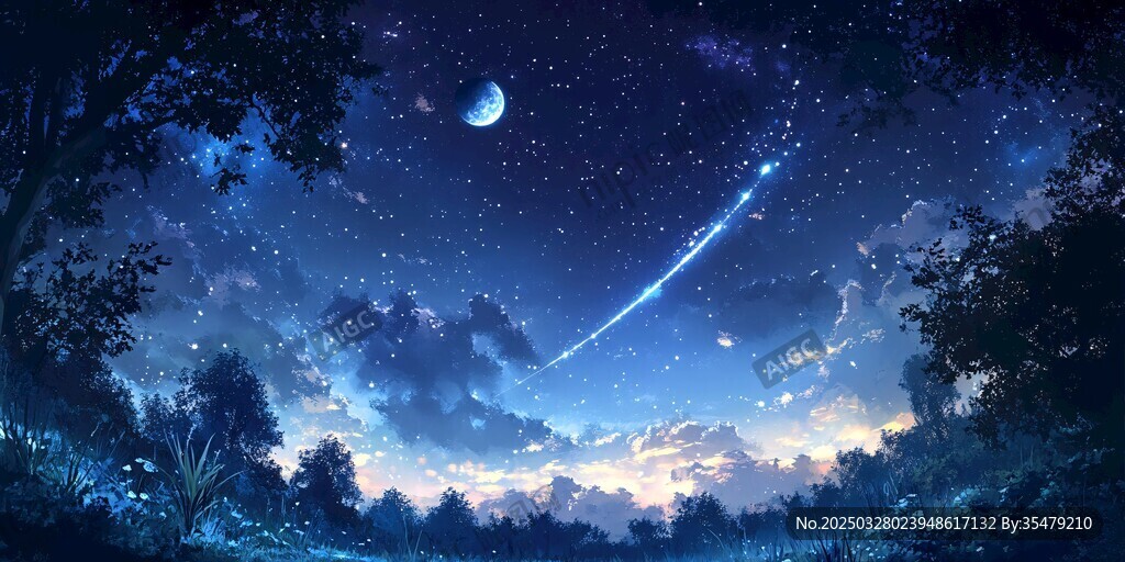 夢幻夜空下的森林奇幻景象