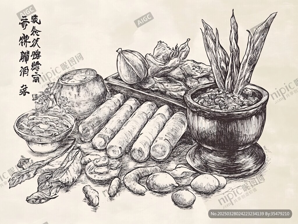 傳統中藥材靜物素描