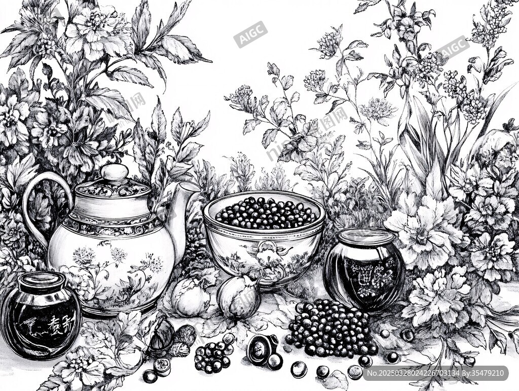 黑白花卉茶具靜物圖