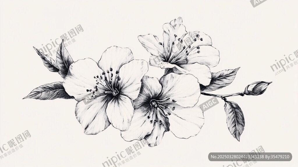 黑白花卉插畫 精致花朵