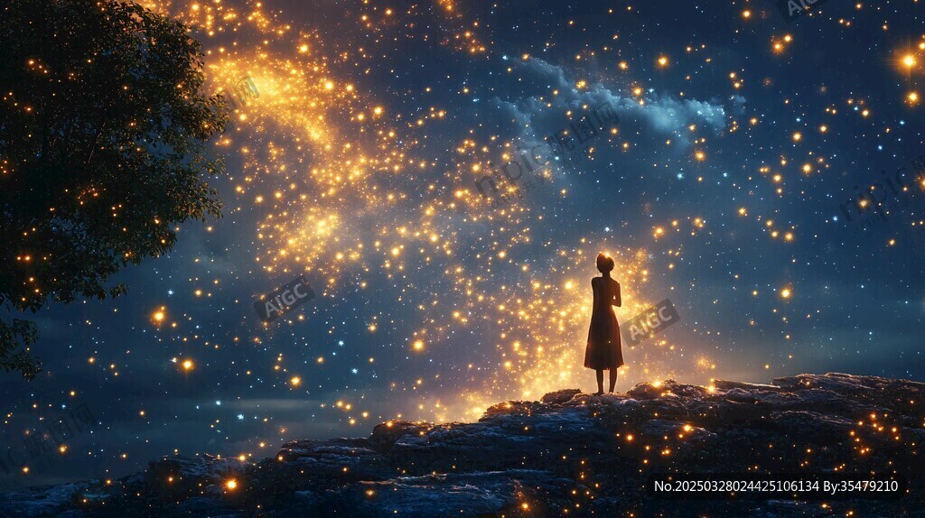 女孩仰望璀璨星空夜景