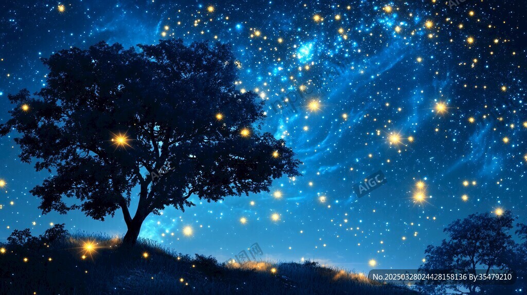 星空下的靜謐樹(shù)木夜景