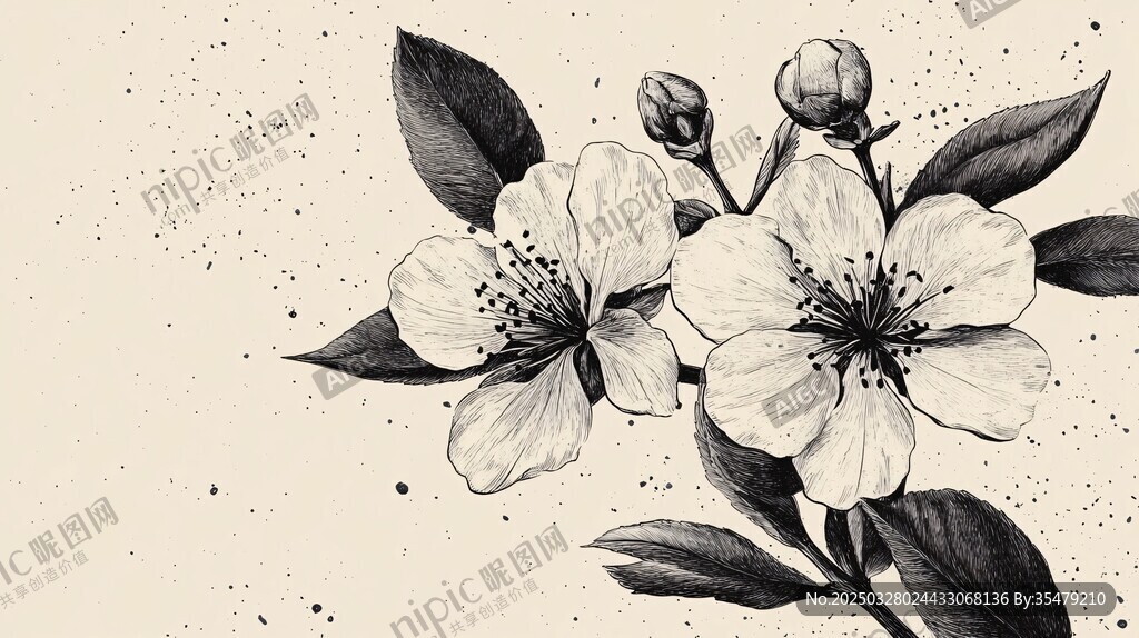黑白花卉手繪插畫