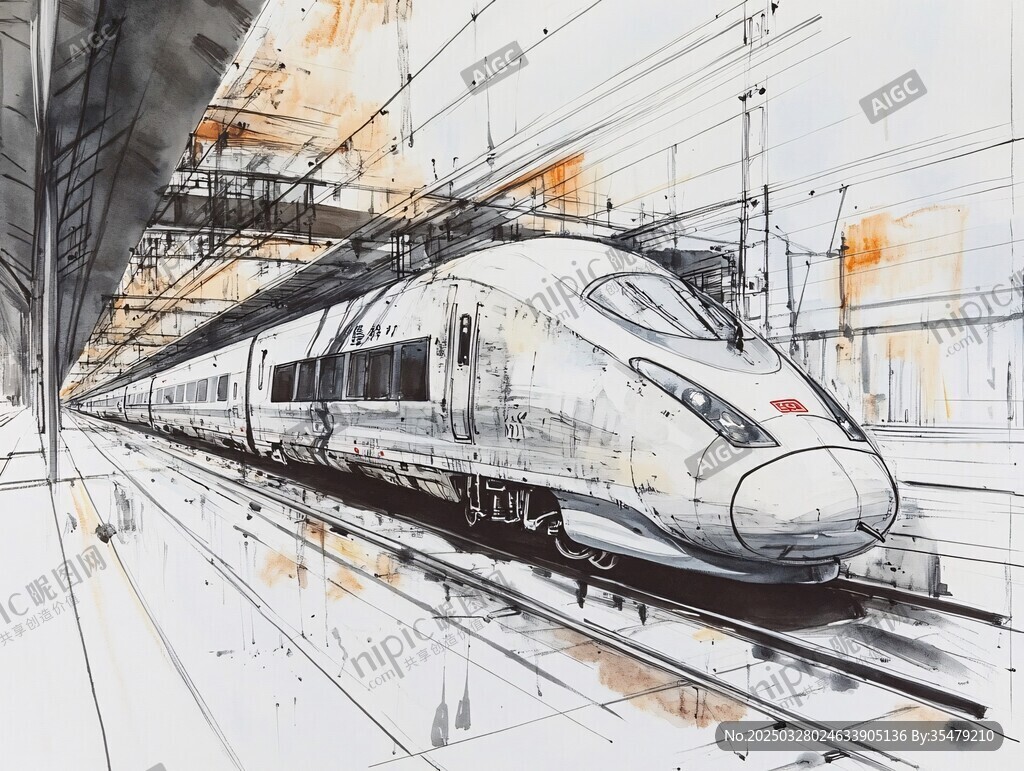 水墨風(fēng)高速列車車站圖景