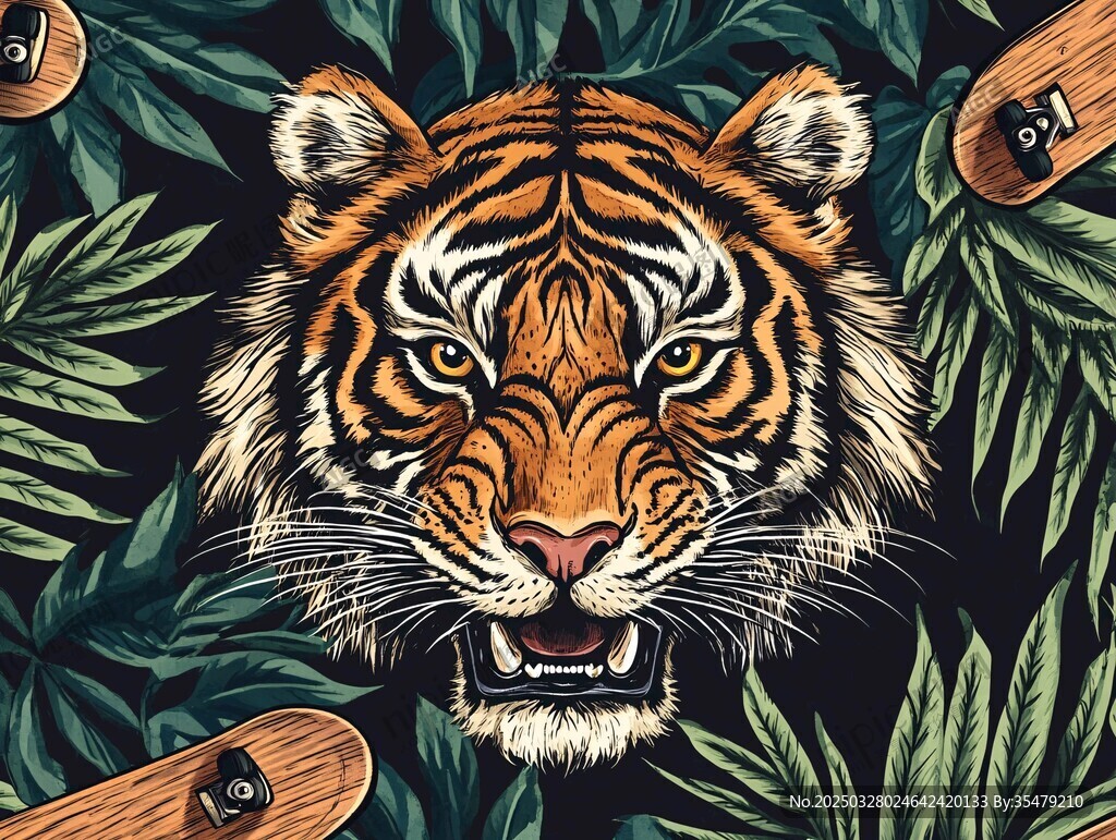 虎嘯叢林間滑板元素插畫