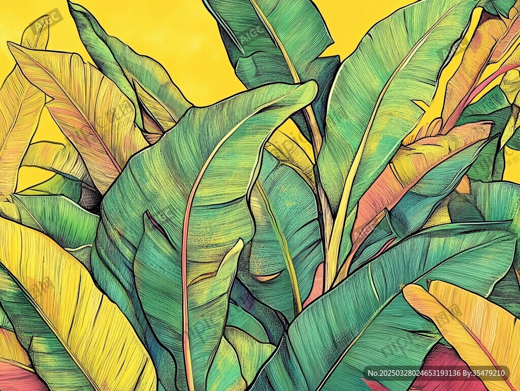 熱帶芭蕉葉的絢麗插畫