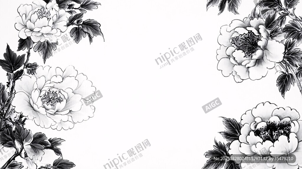 黑白牡丹花卉邊框圖案