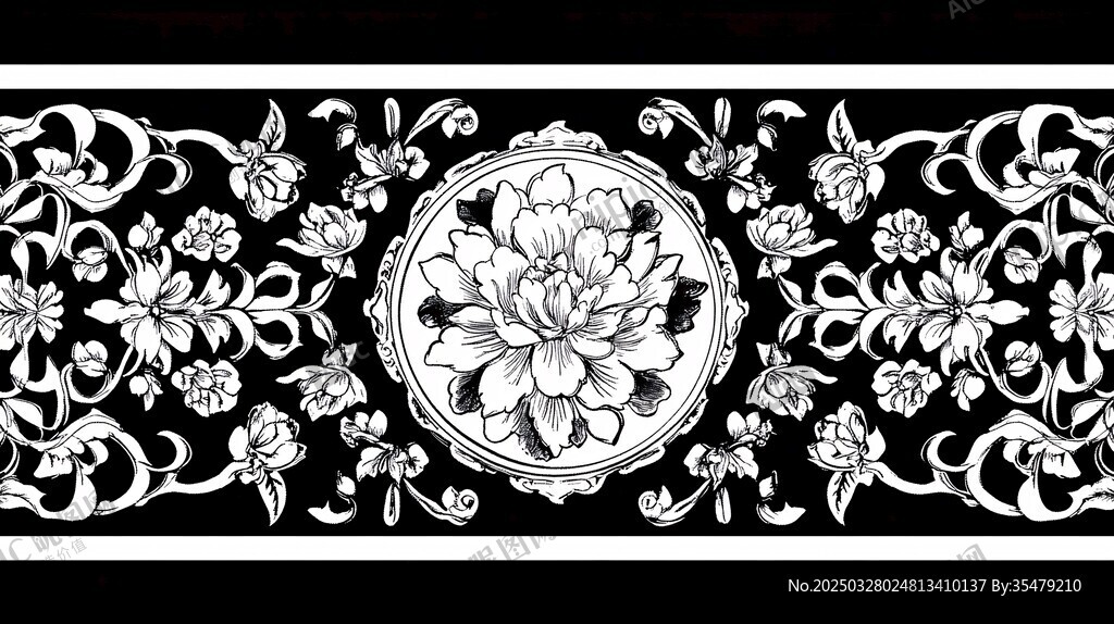 中式黑白花卉邊框圖案
